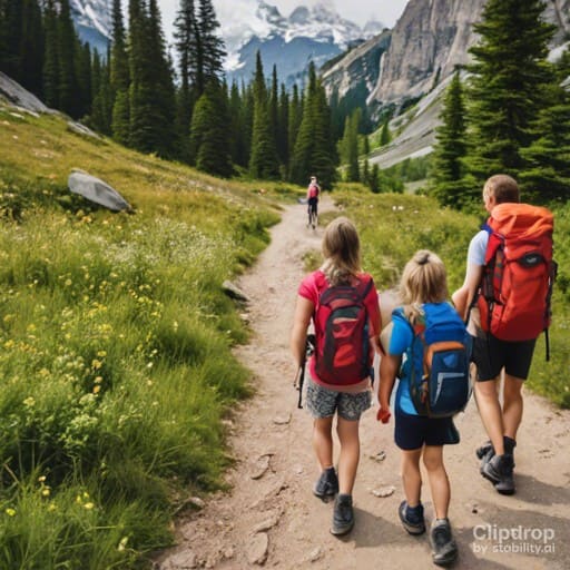 parintii cu copiii se ridica la munte, traverseaza un traseu montan se ridica in munti